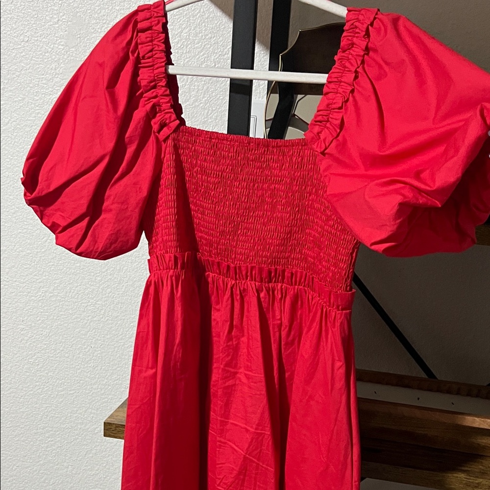 Red Puff Sleeve Smocked Mini Dress